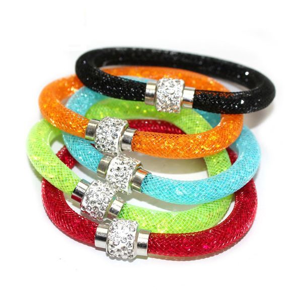 austrian crystal beads bracelets shining micro elements mesh chain charms magnetic clasp bangles for women men jewelry, Golden;silver